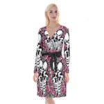 black and white rose sugar skull Long Sleeve Velvet Front Wrap Dress