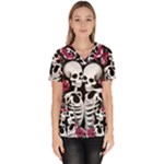 black and white rose sugar skull Women s V-Neck Scrub Top