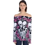 black and white rose sugar skull Off Shoulder Long Sleeve Top