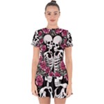 black and white rose sugar skull Drop Hem Mini Chiffon Dress