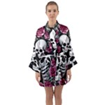 black and white rose sugar skull Long Sleeve Satin Kimono