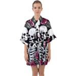 black and white rose sugar skull Half Sleeve Satin Kimono 