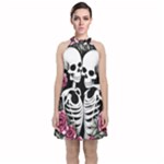 black and white rose sugar skull Velvet Halter Neckline Dress 