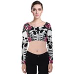 black and white rose sugar skull Velvet Long Sleeve Crop Top