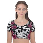 black and white rose sugar skull Velvet Short Sleeve Crop Top 