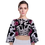 black and white rose sugar skull Tie Back Butterfly Sleeve Chiffon Top