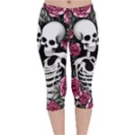 black and white rose sugar skull Velvet Capri Leggings 