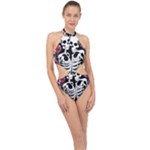 black and white rose sugar skull Halter Side Cut Swimsuit