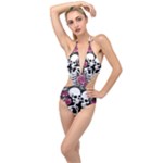 black and white rose sugar skull Plunging Cut Out Swimsuit