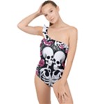 black and white rose sugar skull Frilly One Shoulder Swimsuit