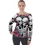 black and white rose sugar skull Off Shoulder Long Sleeve Velour Top