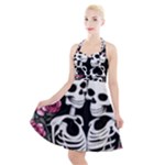 black and white rose sugar skull Halter Party Swing Dress 