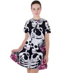 black and white rose sugar skull Short Sleeve Shoulder Cut Out Dress 