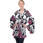 black and white rose sugar skull Long Sleeve Velvet Kimono 