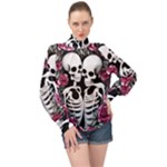 black and white rose sugar skull High Neck Long Sleeve Chiffon Top