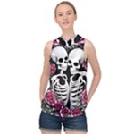 black and white rose sugar skull High Neck Satin Top