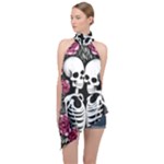 black and white rose sugar skull Halter Asymmetric Satin Top