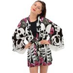 black and white rose sugar skull Long Sleeve Kimono