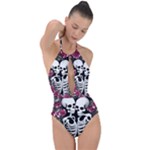 black and white rose sugar skull Plunge Cut Halter Swimsuit