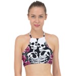 black and white rose sugar skull Racer Front Bikini Top