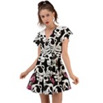 black and white rose sugar skull Flutter Sleeve Wrap Dress