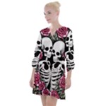 black and white rose sugar skull Open Neck Shift Dress