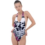 black and white rose sugar skull Backless Halter One Piece Swimsuit