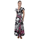 black and white rose sugar skull Flutter Sleeve Maxi Dress