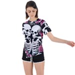 black and white rose sugar skull Asymmetrical Short Sleeve Sports Tee