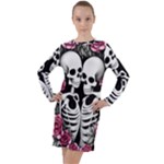 black and white rose sugar skull Long Sleeve Hoodie Dress