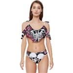 black and white rose sugar skull Ruffle Edge Tie Up Bikini Set	