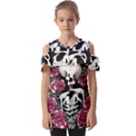 black and white rose sugar skull Fold Over Open Sleeve Top