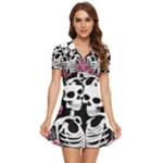 black and white rose sugar skull V-Neck High Waist Chiffon Mini Dress