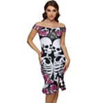 black and white rose sugar skull Off Shoulder Ruffle Split Hem Bodycon Dress