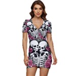 black and white rose sugar skull Low Cut Cap Sleeve Mini Dress