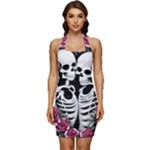 black and white rose sugar skull Sleeveless Wide Square Neckline Ruched Bodycon Dress