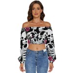 black and white rose sugar skull Long Sleeve Crinkled Weave Crop Top