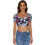 black and white rose sugar skull Short Sleeve Square Neckline Crop Top 