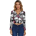 black and white rose sugar skull Long Sleeve V-Neck Top