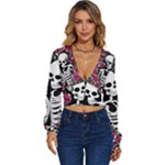 black and white rose sugar skull Long Sleeve Deep-V Velour Top