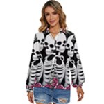 black and white rose sugar skull Women s Long Sleeve Button Down Shirt