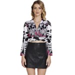 black and white rose sugar skull Long Sleeve Tie Back Satin Wrap Top