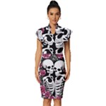 black and white rose sugar skull Vintage Frill Sleeve V-Neck Bodycon Dress