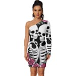 black and white rose sugar skull Long Sleeve One Shoulder Mini Dress