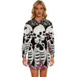 black and white rose sugar skull Womens Long Sleeve Shirt Dress