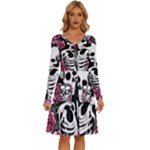 black and white rose sugar skull Long Sleeve Dress With Pocket