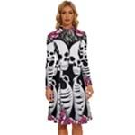 black and white rose sugar skull Long Sleeve Shirt Collar A-Line Dress