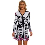 black and white rose sugar skull Long Sleeve Deep V Mini Dress 