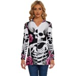 black and white rose sugar skull Long Sleeve Drawstring Hooded Top