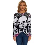 black and white rose sugar skull Long Sleeve Crew Neck Pullover Top